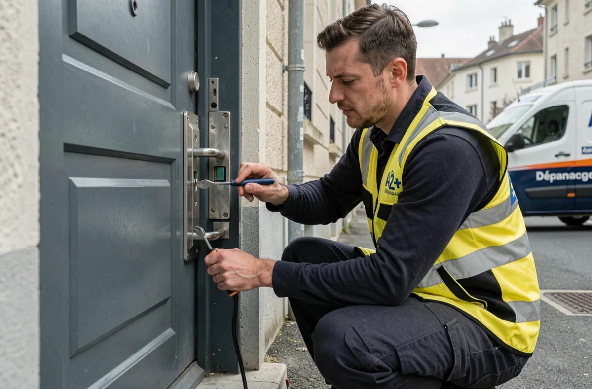 Technicien d'A2+ Dépannage en train de réparer une serrure multipoints sur une porte d'immeuble à Villeurbanne