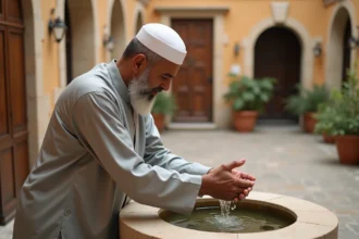 Homme effectuant les ablutions dans une cour bordelaise avant la prière, vêtu d'un djellaba gris