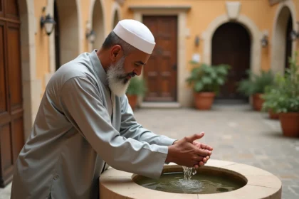 Homme effectuant les ablutions dans une cour bordelaise avant la prière, vêtu d'un djellaba gris