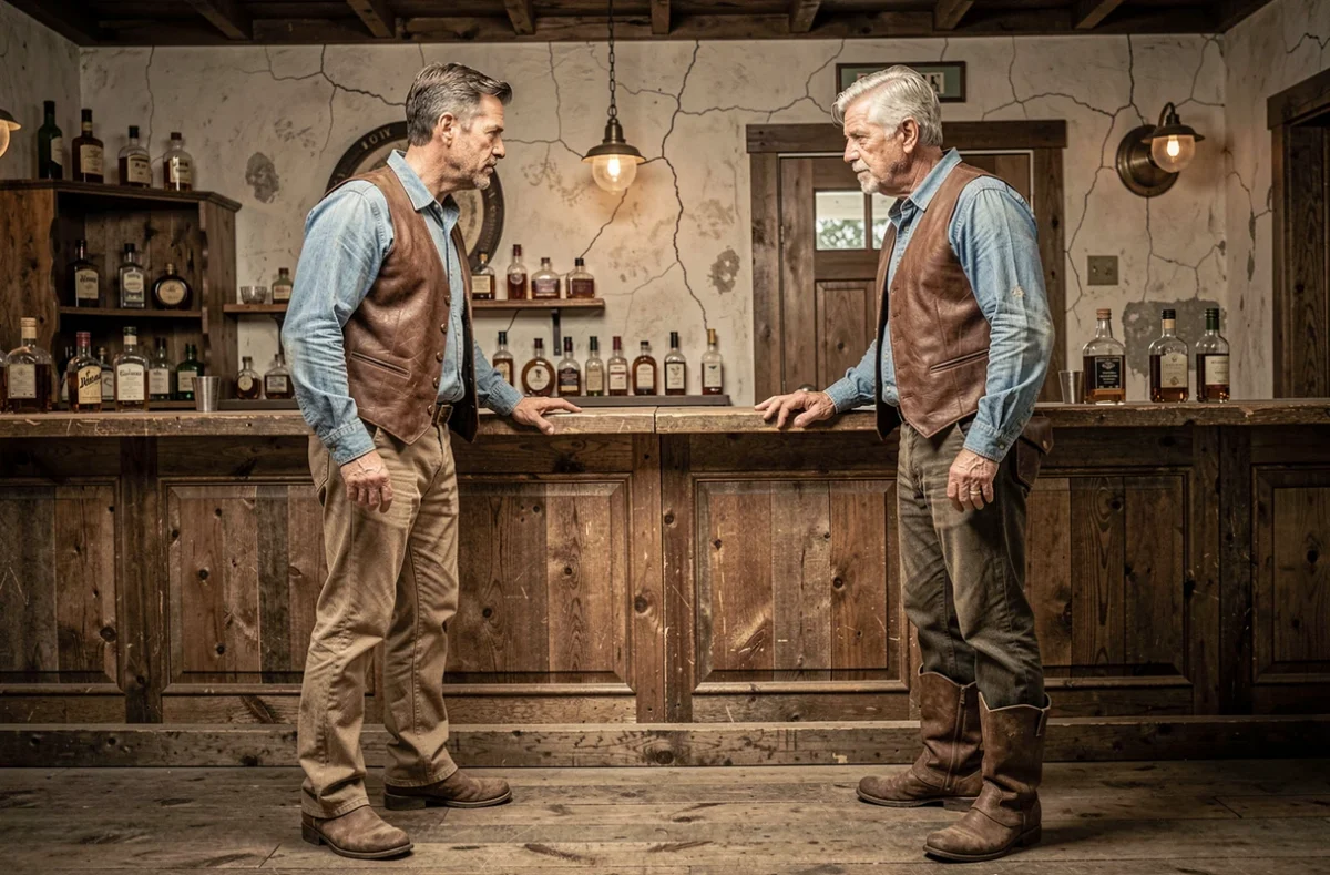 Deux acteurs en costumes western authentiques face à face dans un saloon vintage, évoquant un nouveau casting pour un film culte du genre
