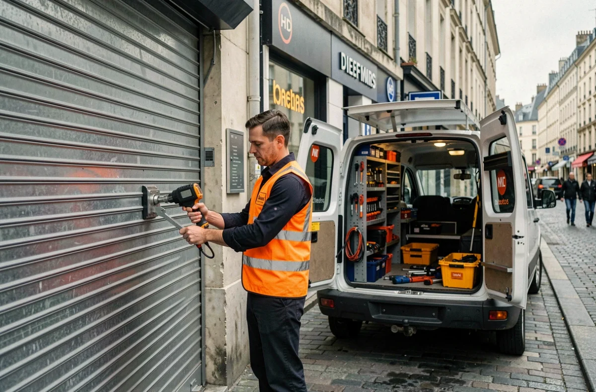 Technicien d'Action Dépannage intervenant sur un rideau métallique commercial dans une rue de Villeurbanne