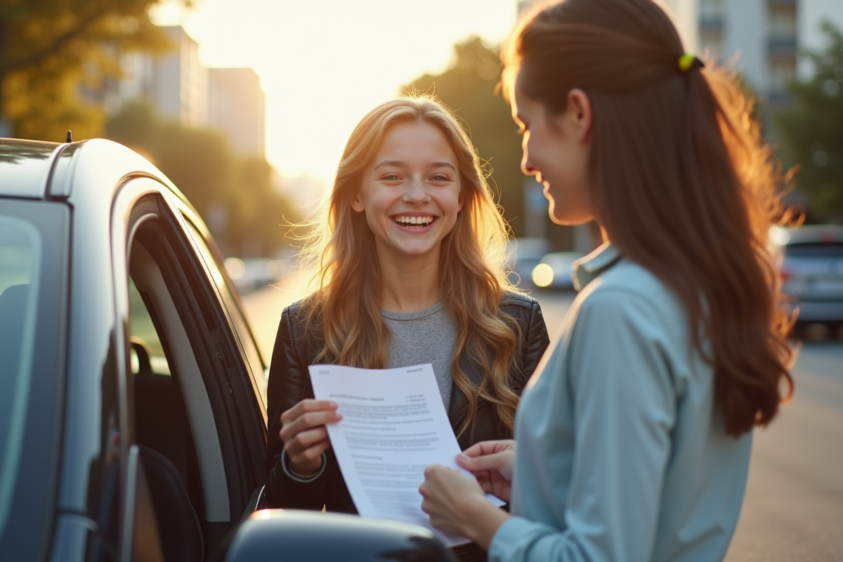 Adolescent souriant entrant dans une voiture avec instructeur en plein soleil