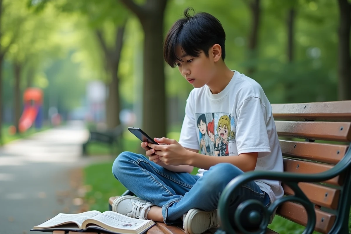 Adolescent assis dans un parc examinant son smartphone