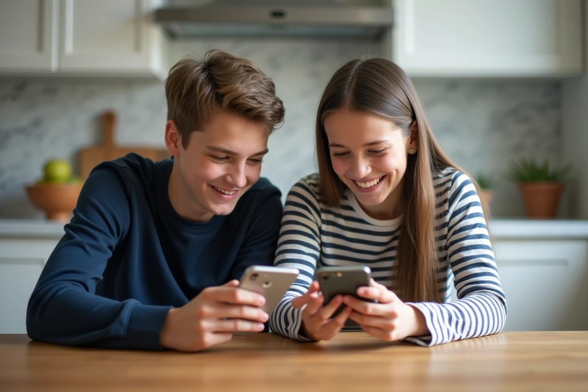 Deux adolescents consultant Snapchat ensemble pour ne pas perdre leurs flammes chaque jour