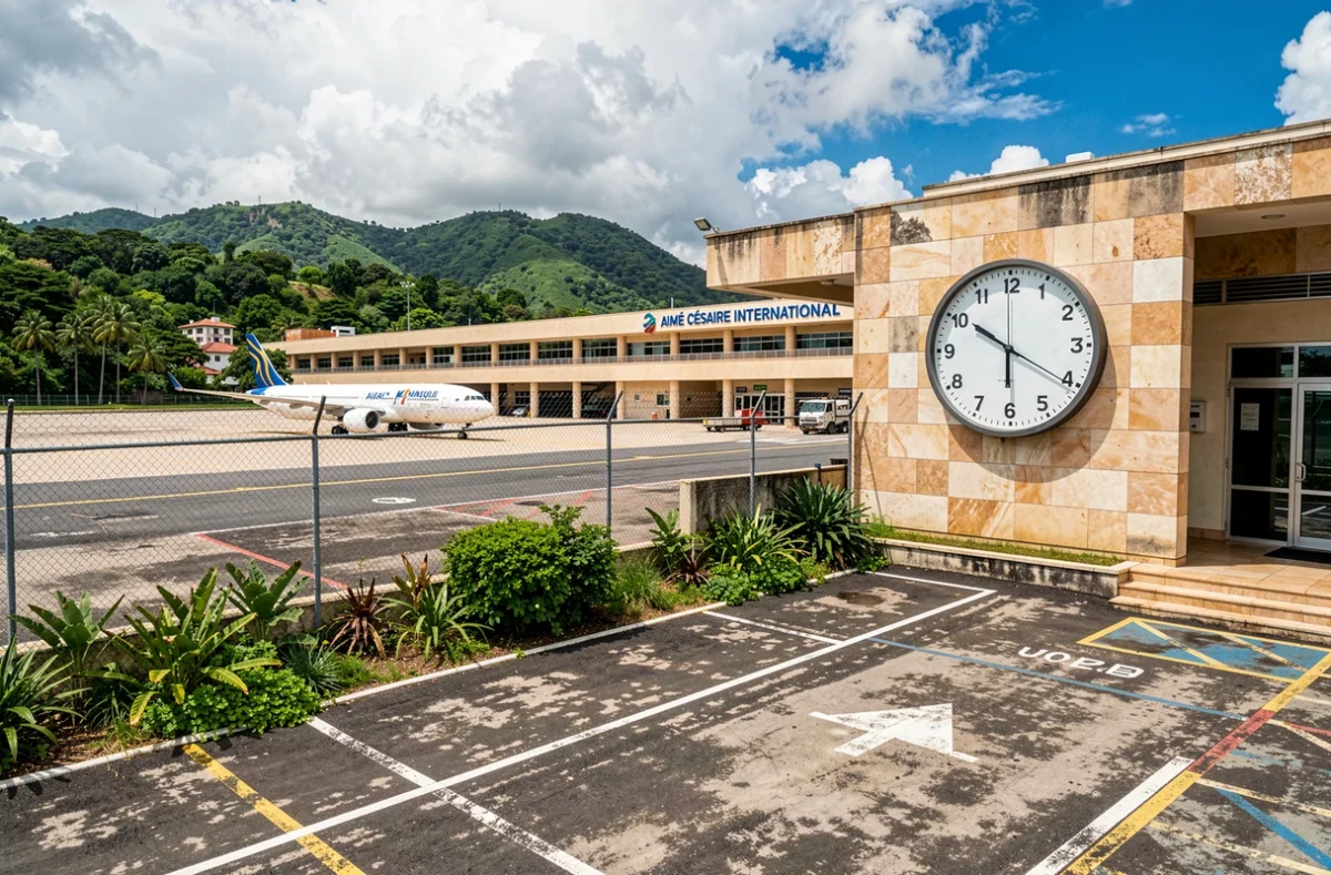 Façade de l'aéroport international Aimé Césaire en Martinique avec horloge locale et avion sur le tarmac