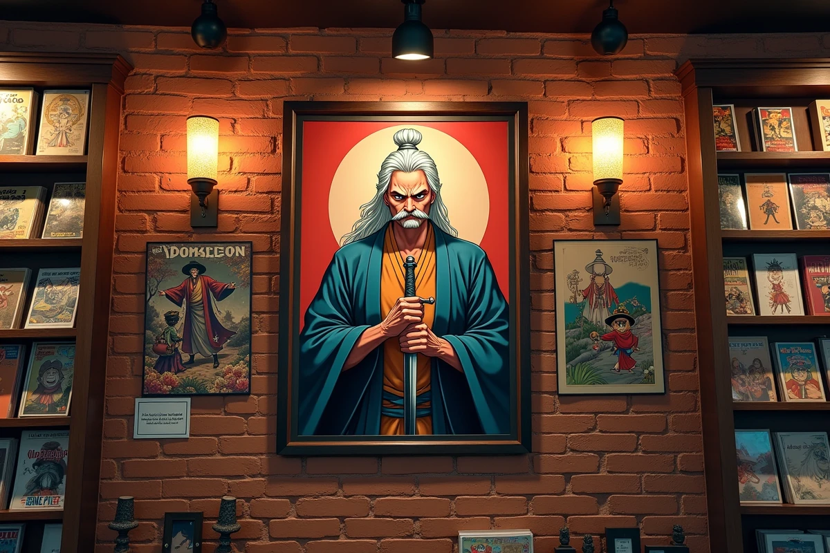 Affiche encadrée de Saint Garling Figarland dans une boutique spécialisée en manga et bande dessinée avec merchandising One Piece