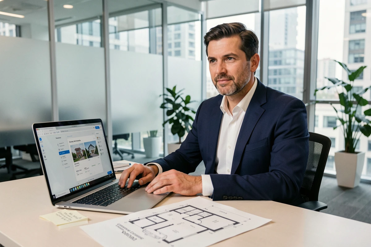 Agent immobilier calculant la conversion de mètres carrés sur un plan d'étage imprimé dans un bureau professionnel moderne