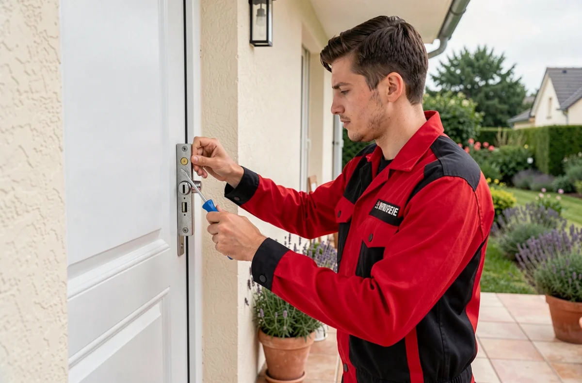 Technicien Alpha Serrurerie installant un verrou haute sécurité sur une porte résidentielle à Fréjus