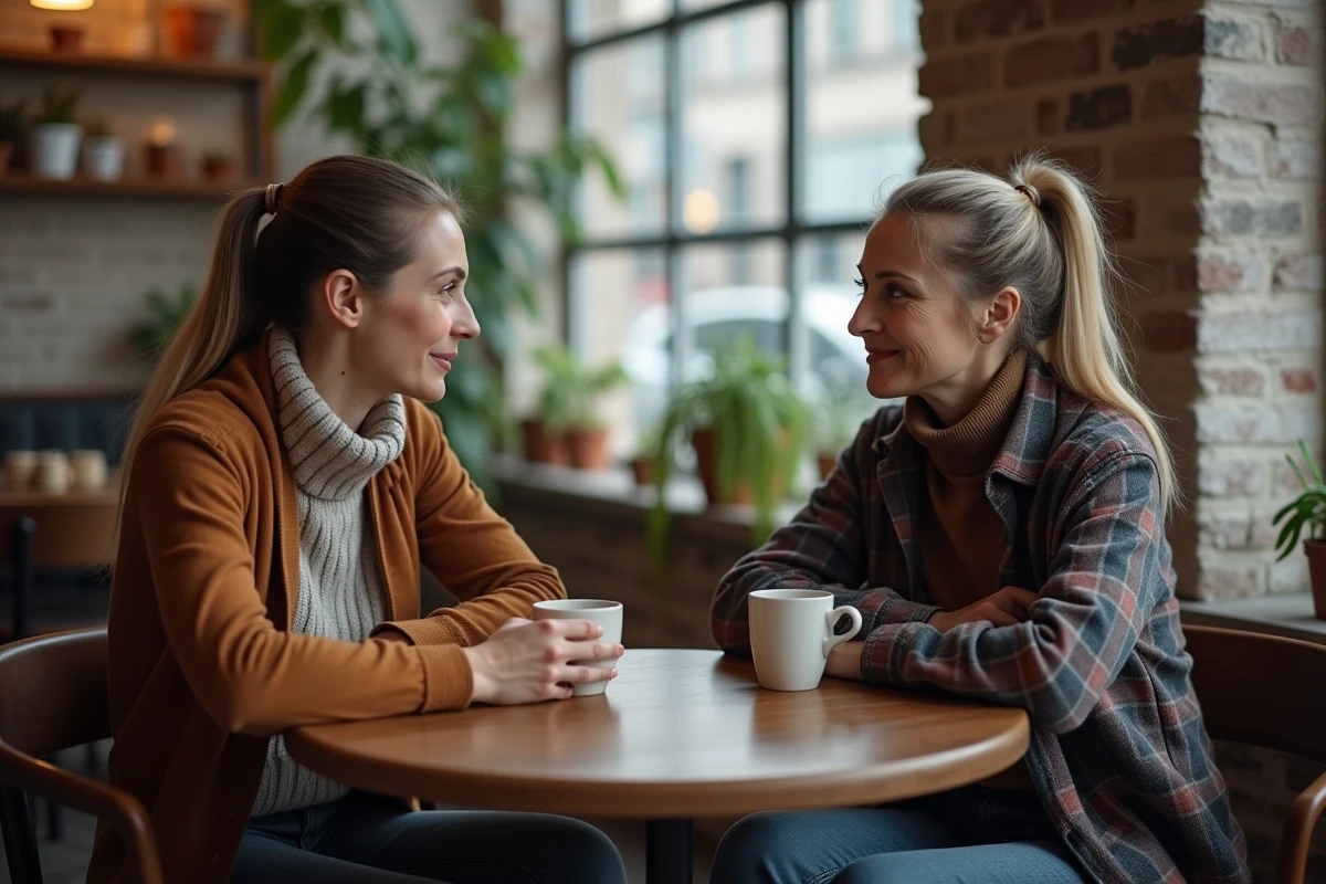 Deux femmes d'âge mûr partageant un moment de complicité profonde dans un café chaleureux, symbole d'une amitié vraie et spirituellement forte