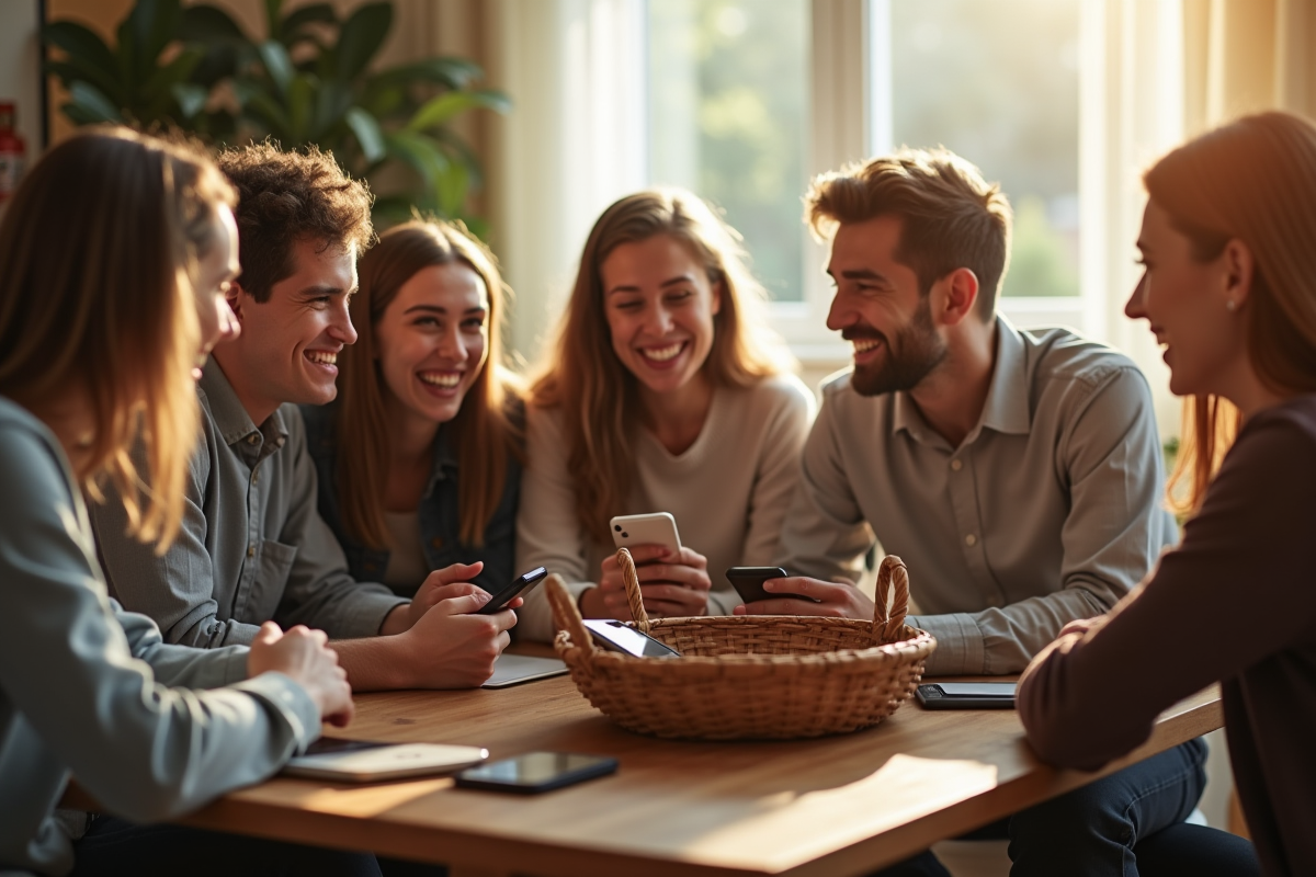 Groupe d amis riant dans un salon avec téléphones face au sol