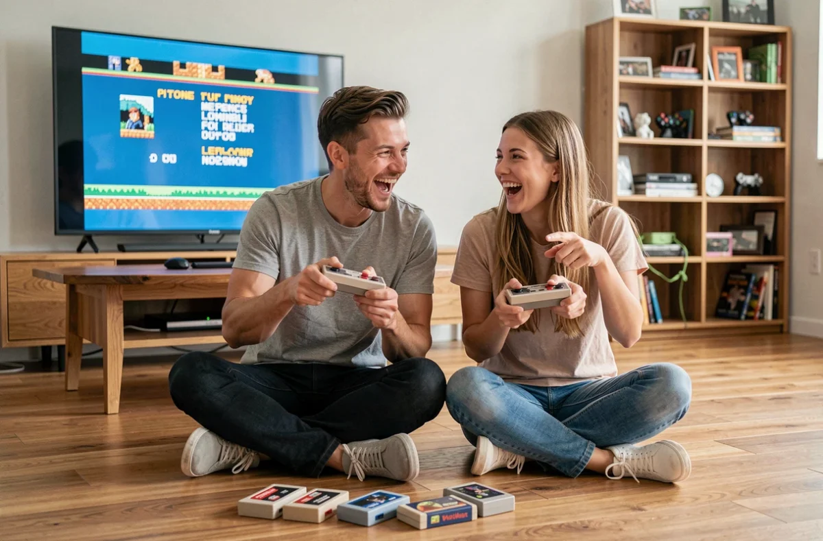 Deux amis jouant ensemble à des jeux rétro sur une vieille manette NES devant un écran affichant un menu pixel art dans un appartement moderne