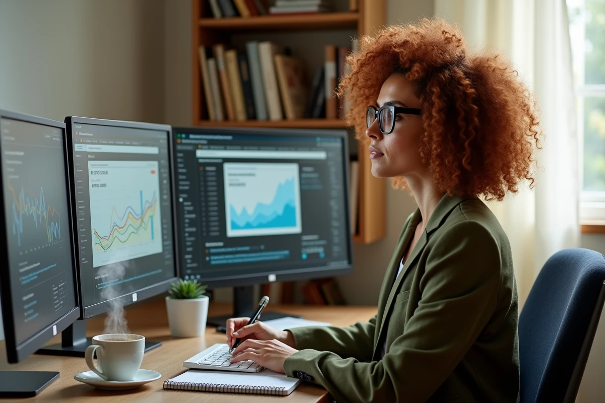 Professionnelle analysant des flux d'actualités sur double écran pour optimiser sa veille stratégique depuis son bureau à domicile