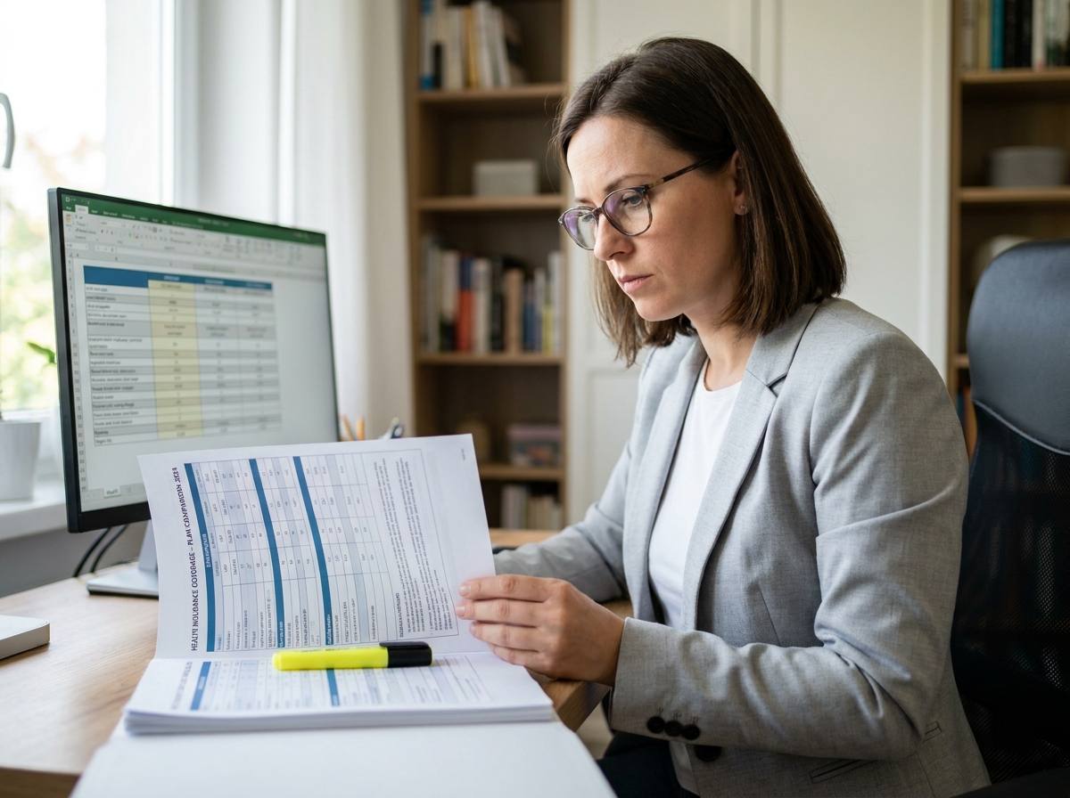 Une femme analyse attentivement les niveaux de couverture d'une mutuelle santé à son bureau à domicile
