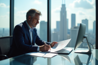 Analyste financier en costume dans un bureau moderne avec vue sur la ville