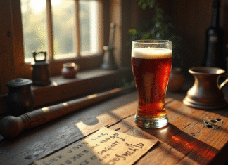 Table ancienne avec une bière forte dans un verre unique