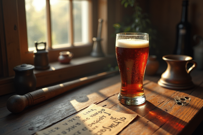 ancienne-table-biere-unique-verre Table ancienne avec une bière forte dans un verre unique