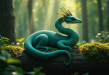 Animal mystérieux en forme de S aux écailles vertes et bleues reposant sur un bois en forêt