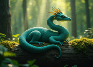 Animal mystérieux en forme de S aux écailles vertes et bleues reposant sur un bois en forêt