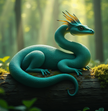 Animal mystérieux en forme de S aux écailles vertes et bleues reposant sur un bois en forêt