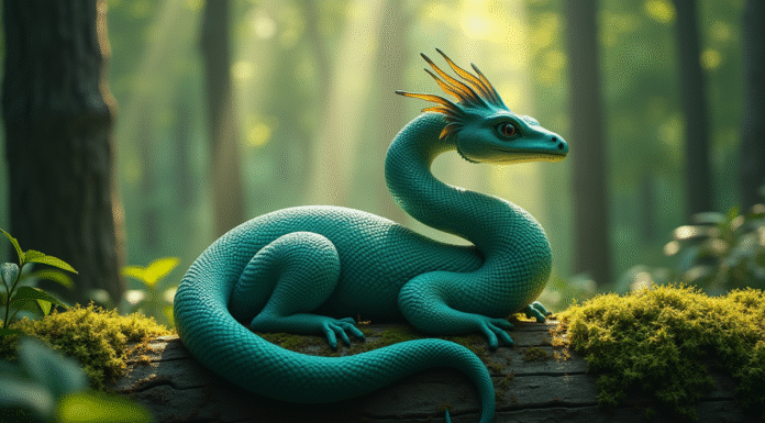 Animal mystérieux en forme de S aux écailles vertes et bleues reposant sur un bois en forêt