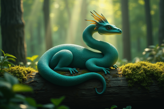 animal-s-vert-bleu Animal mystérieux en forme de S aux écailles vertes et bleues reposant sur un bois en forêt