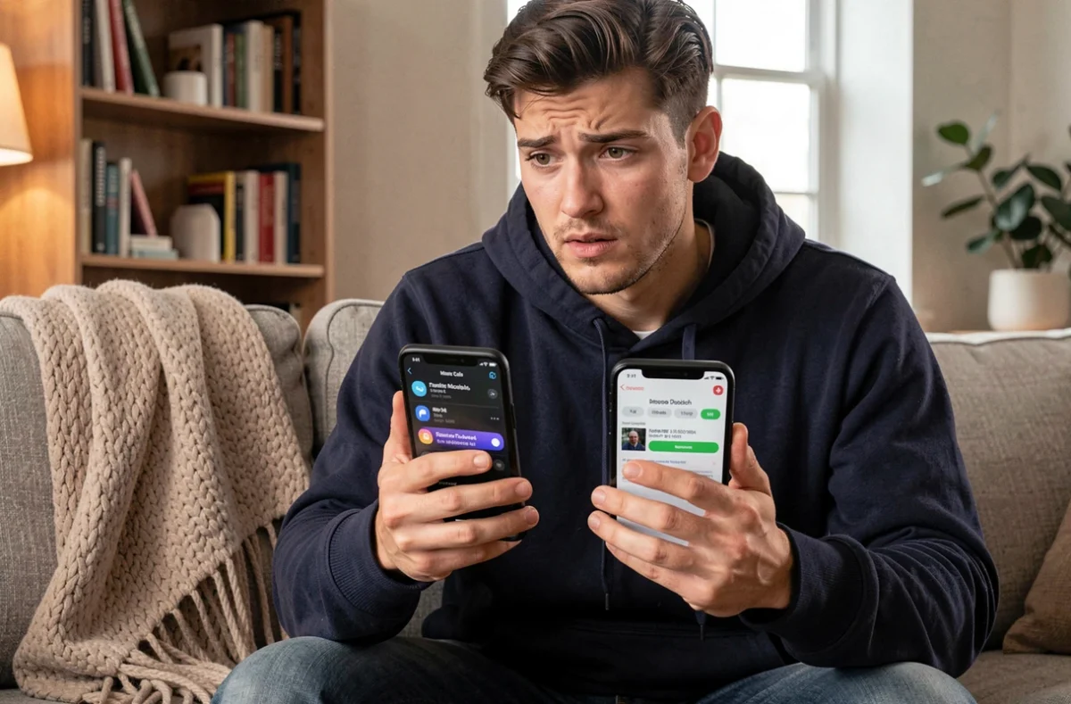 Jeune adulte utilisant deux téléphones pour identifier un numéro suspect via un annuaire inversé