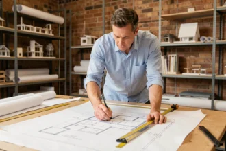 Architecte masculin analysant des plans de surface immobilière avec un mètre ruban sur une table à dessin en bois dans un studio moderne