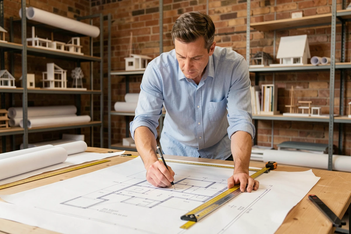 Architecte masculin analysant des plans de surface immobilière avec un mètre ruban sur une table à dessin en bois dans un studio moderne
