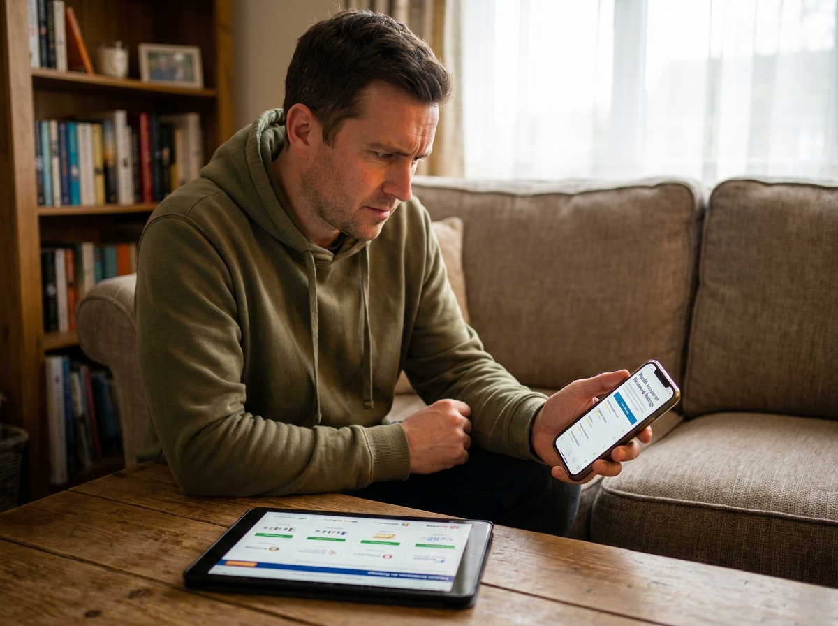 Un homme consulte les avis et recommandations d'utilisateurs sur les mutuelles santé depuis son smartphone et sa tablette