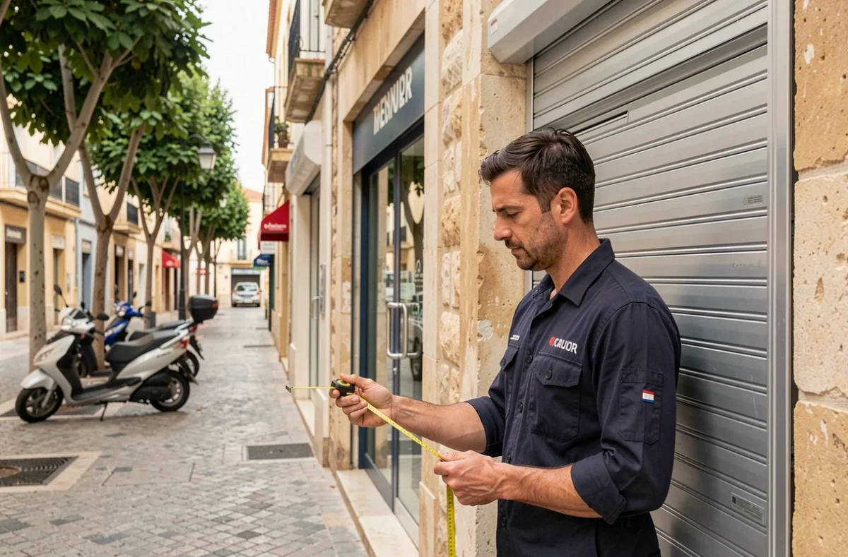 Technicien Azur Fermetures installant un volet roulant aluminium sur une devanture commerciale à Fréjus