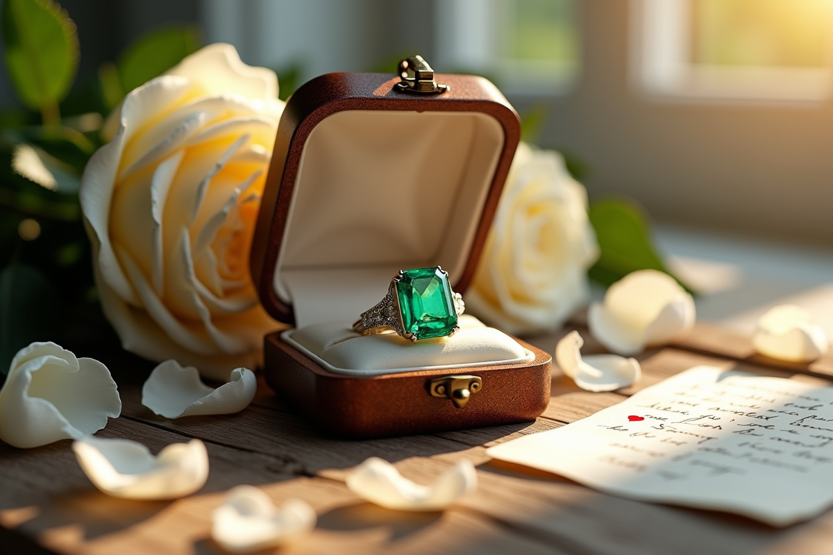 Bague en émeraude dans une boîte ancienne entourée de roses et lettre d