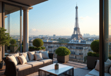 Balcon parisien avec vue sur la tour Eiffel et mobilier moderne