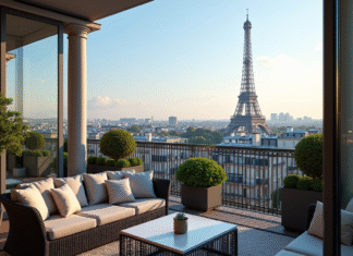 Balcon parisien avec vue sur la tour Eiffel et mobilier moderne