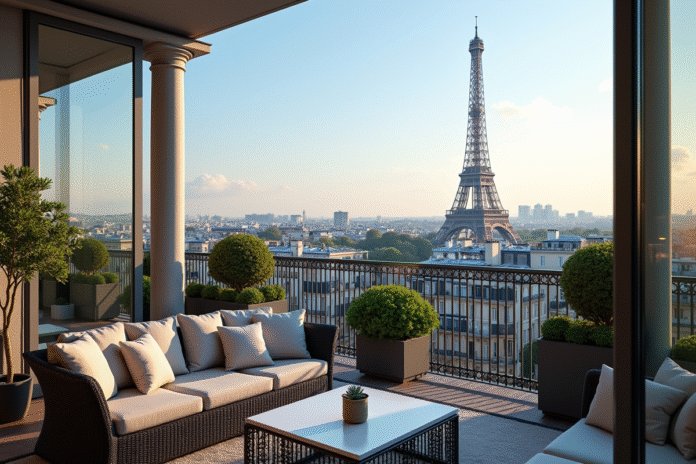 balcon-paris-eiffel Balcon parisien avec vue sur la tour Eiffel et mobilier moderne