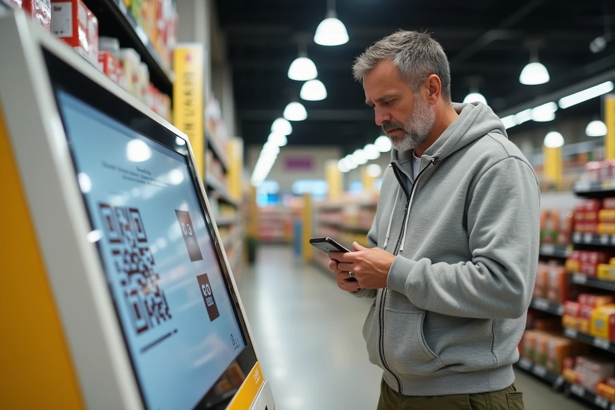 Un homme utilise un terminal Colissimo en libre-service dans un supermarché pour déposer un colis en ligne