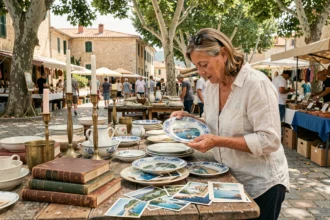 Femme inspectant une assiette ancienne sur un stand de brocante en plein air dans un village provençal des Alpes-Maritimes