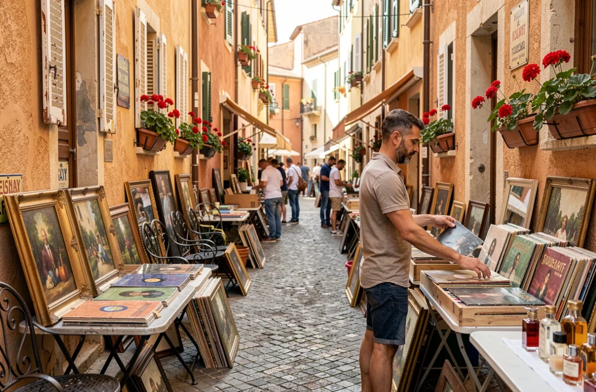 Homme feuilletant des vinyles anciens dans une ruelle de brocante dans le vieux centre d'une ville des Alpes-Maritimes