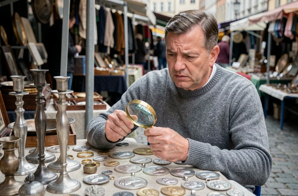 Brocanteur comparant deux médailles en argent pour détecter un faux poinçon dans un marché aux puces