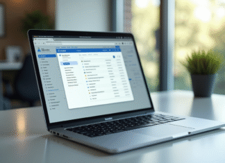 Bureau moderne avec ordinateur affichant une boîte mail organisée