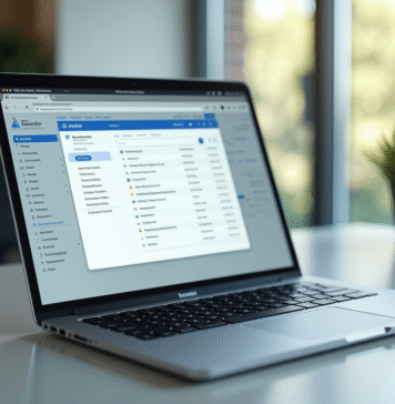 Bureau moderne avec ordinateur affichant une boîte mail organisée