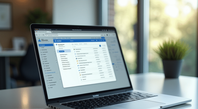 Bureau moderne avec ordinateur affichant une boîte mail organisée