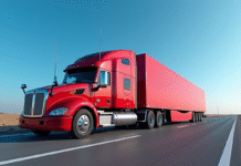 Camion semitrailer rouge sur autoroute en plein jour