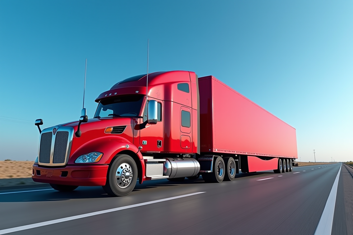 Camion semitrailer rouge sur autoroute en plein jour