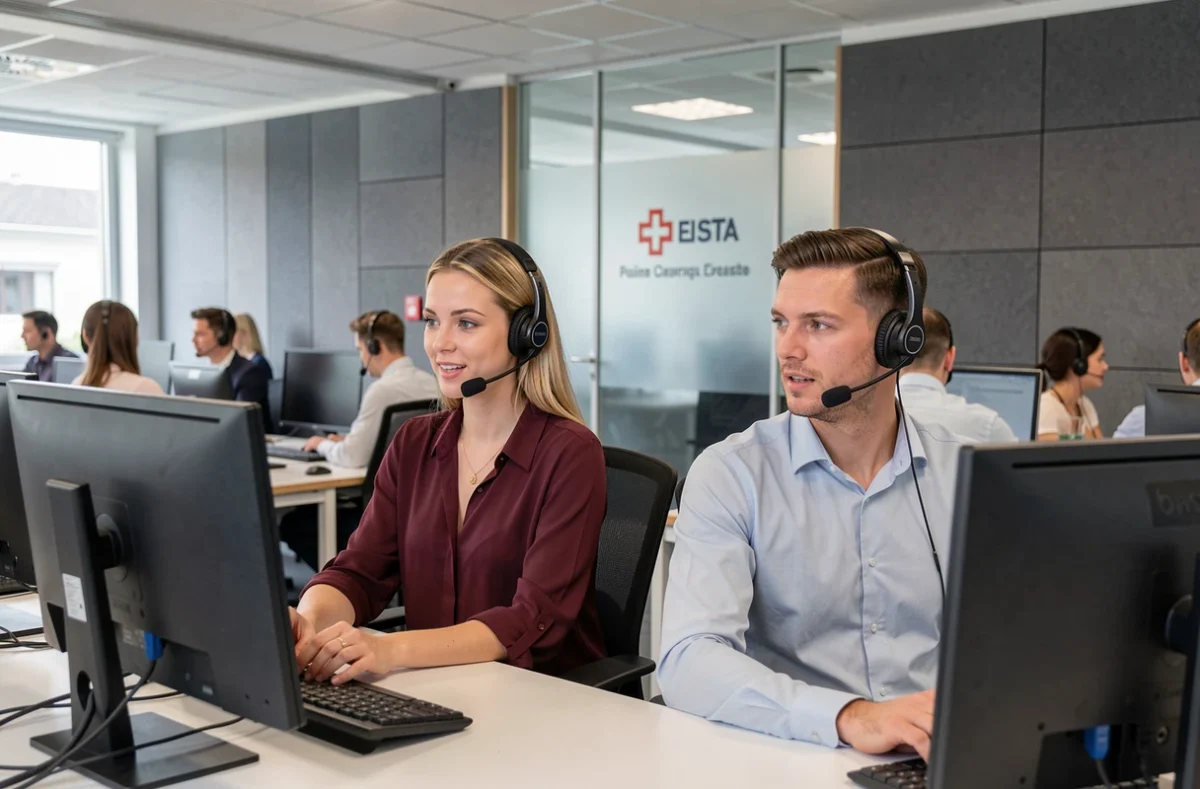 Agents de service client suisse en centre d'appel portant des casques professionnels devant leurs ordinateurs