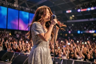 Chanteuse anglaise en robe pailletée argentée sur scène lors d'un grand concert live, foule en arrière-plan