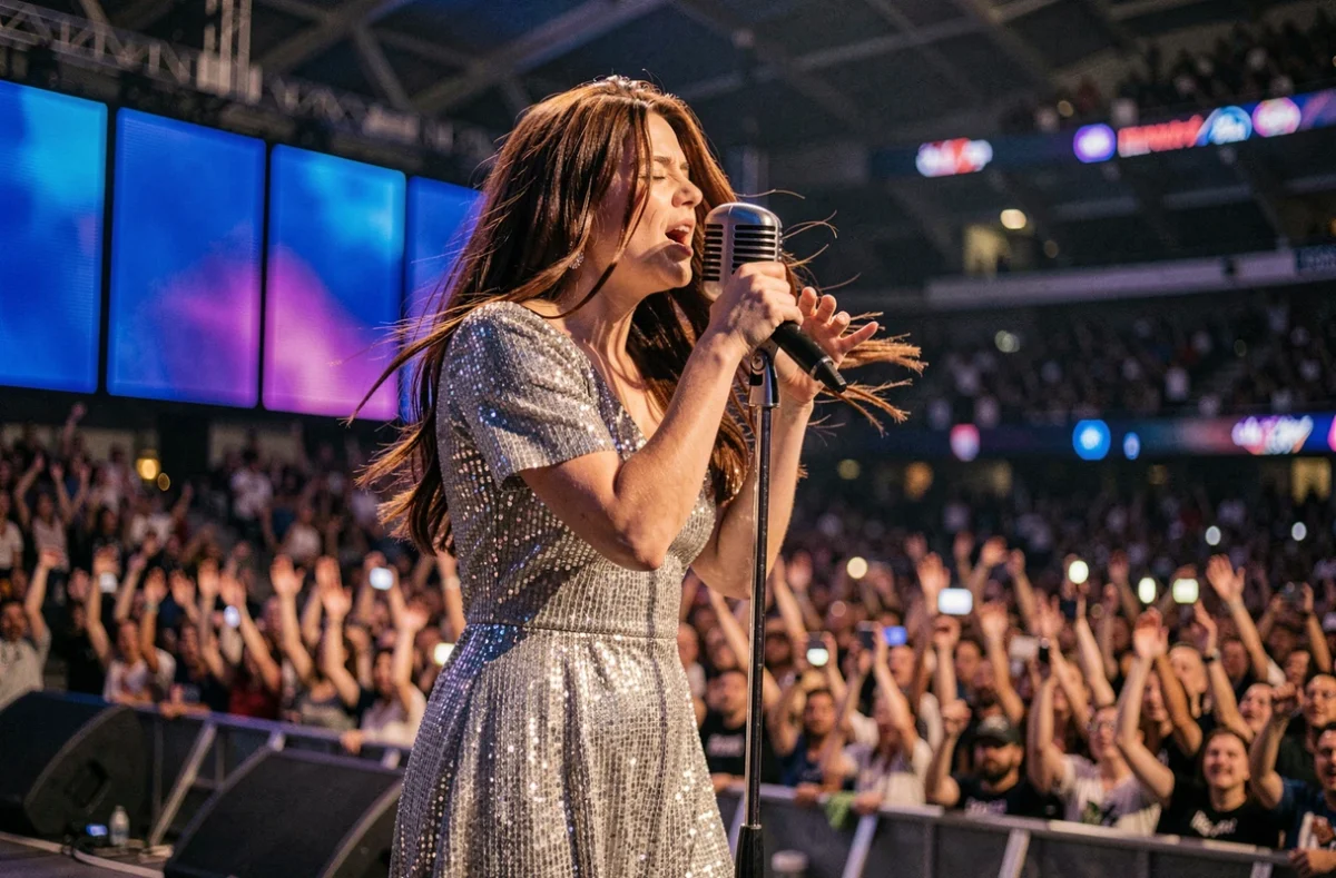 Chanteuse anglaise en robe pailletée argentée sur scène lors d'un grand concert live, foule en arrière-plan