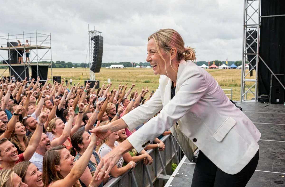 Chanteuse anglaise en festival d'été interagissant avec le public depuis le bord de la scène en plein air