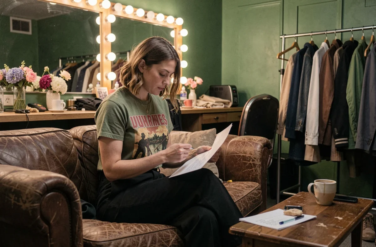 Chanteuse britannique dans les coulisses d'un concert, loge artistique avec décor authentique et notes de scène