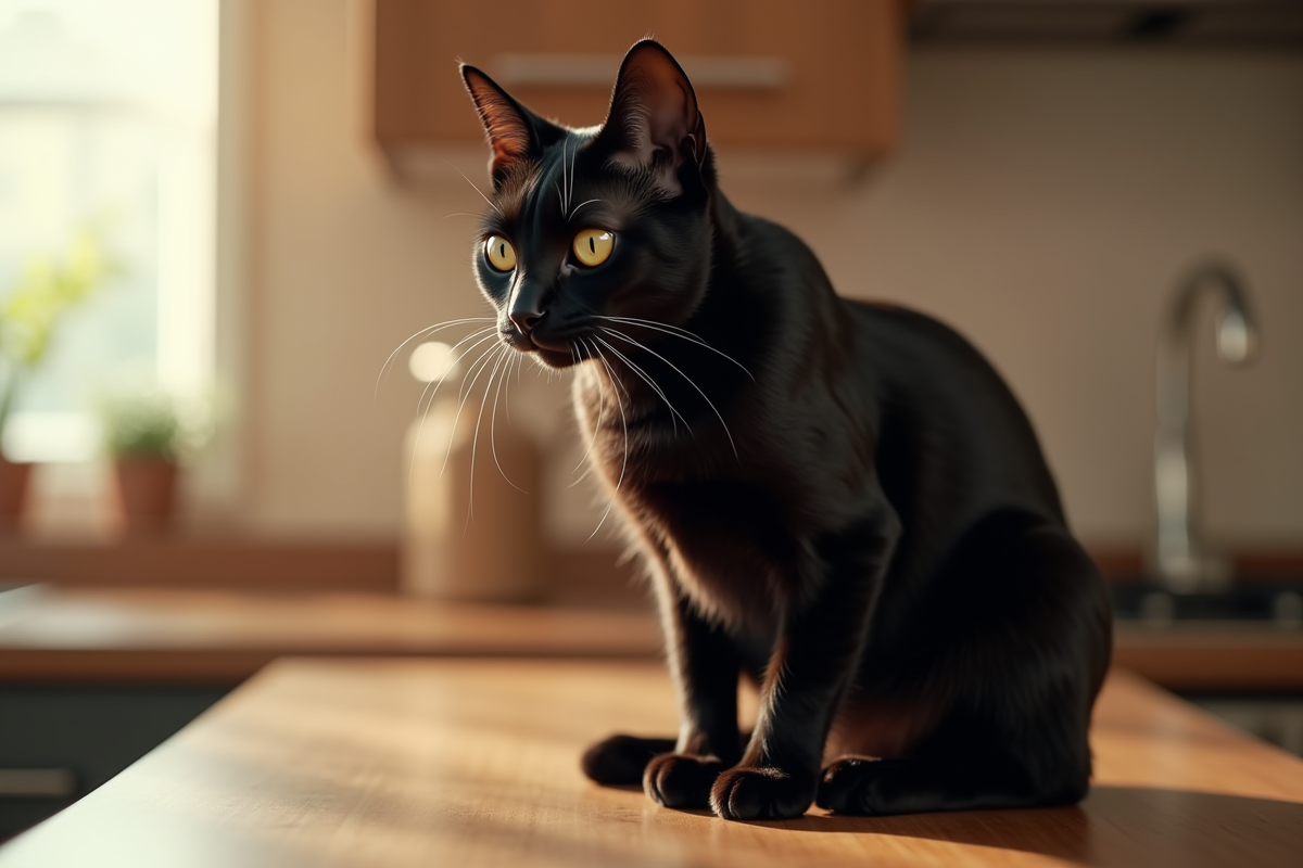 Chat Bengal noir assis sur un plan de travail en bois