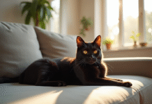 Chat Bengal noir allongé sur un canapé lumineux